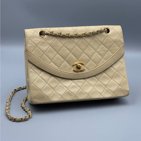 CHANEL Handbags - Chanel single flap lambskin beige square chain bag